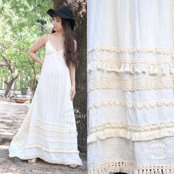 Boho Maxi Dress Feminine Style in Off White, Tropical Wedding Dress, Comfy Cotton Beach Summer Dress, Kd027