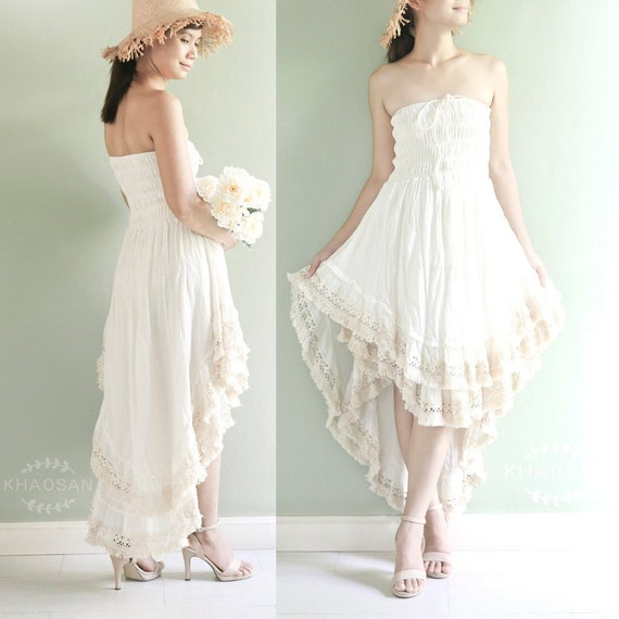 Off White Boho Wedding Dress Beach Wedding Dress Strapless Smocked Asymmetrical Bridesmaid Dress Kd008e