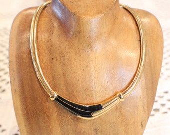 Vintage Signed Choker Necklace, Classic Black and Gold Necklace, Black Enamel and Gold Tone Necklace