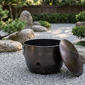 Garden Hose Holder Pot Storage with Lid-Water Hose Container, Handmade, Bronzed Mocha Simple Sanctuary