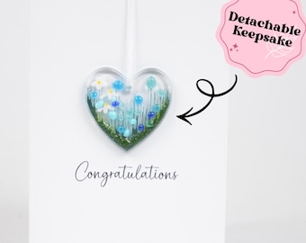 Congratulations Detachable Fused Glass Flower Heart Greeting Card | Handmade Birthday Keepsake Gift | Unique Glass Heart Card
