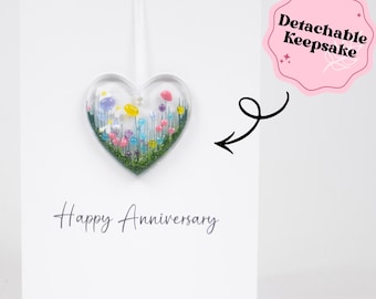 Happy Anniversary Detachable Fused Glass Flower Heart Greeting Card | Handmade Birthday Keepsake Gift | Unique Glass Heart Card