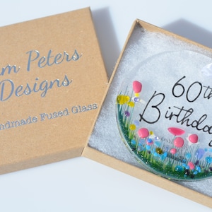 60th Birthday Wildflower Fused Glass Suncatcher Hanging Decoration, ideal for milestone Birthday Gift
