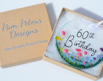 60th Birthday Wildflower Fused Glass Suncatcher Hanging Decoration, ideal for milestone Birthday Gift