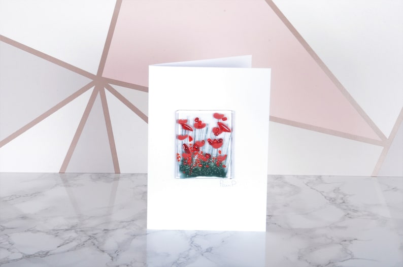 Handmade Fused Glass Art Cards Wildflower, Cornflower, Blooming, Violet, Daffodil, Daisy, Gerbera, Poppy, Beach mothers day Poppy