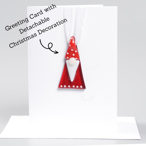 Handcrafted Fused Glass Art Greeting Card with Detachable Christmas Tree Decoration  - Christmas Mini Gonk Greeting Card