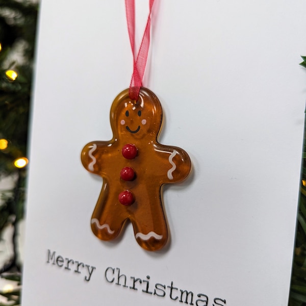 Handcrafted Fused Glass Art - Mini Christmas Gingerbread Man Hanging Decoration on a Greeting Card