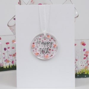 Carte d'anniversaire fleurie pour la 16e année en verre fusionné - Intérieur vierge avec souvenir amovible
