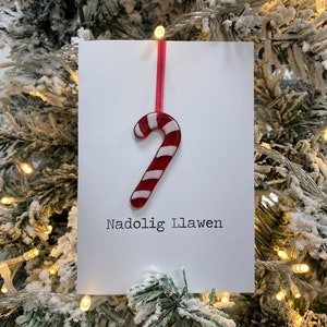 Carte en verre fusionné Candy Cane Nadolig Llawen (gallois pour Joyeux Noël) - intérieur vierge - avec souvenir amovible - période des fêtes de Noël