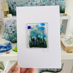 Carte de voeux bleuet en verre fusionné - intérieur vierge - anniversaire - nouvelle maison - félicitations