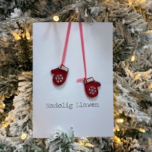Mitaines de Noël Nadolig Llawen (Gallois pour Joyeux Noël) Carte en verre fusionné - Vierge à l'intérieur - avec souvenir amovible - Temps des Fêtes