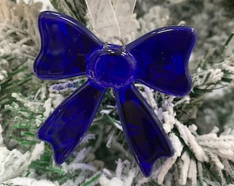Handmade Fused Glass Christmas BLUE Bow Christmas Hanging Decor