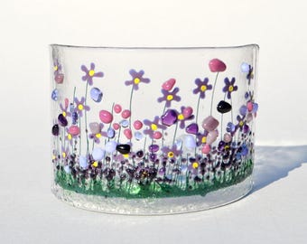 Handcrafted Fused Glass Art - Violets Curve