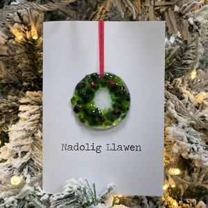 Carte en verre fusionné Nadolig Llawen (Gallois pour Joyeux Noël) - Blanc à l'intérieur - avec souvenir amovible - Temps des Fêtes