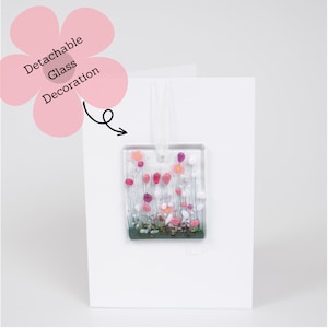 Carte fleurie suspendue en verre fondu - Intérieur vierge - Fête des mères - Anniversaire - Merci - Je pense à vous