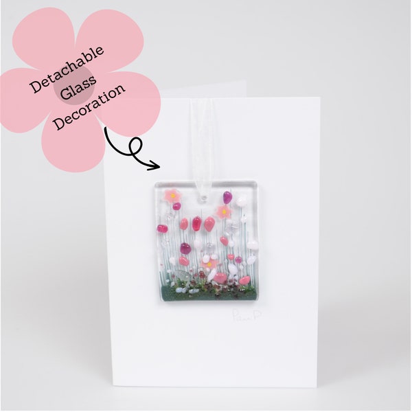 Blooming fused hanging glass Card - Blank Inside- Mothers day - Birthday- thank you- thinking of you