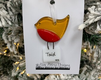 Handmade Fused Glass Robin with Letter - Taid (Welsh for Grandad)