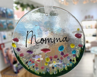 Momma Wildflower Fused Glass Suncatcher Hanging Decoration, ideal for Birthday Gift, Mothers Day & Christmas