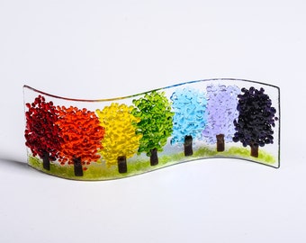 Handmade Fused Glass Art - Magical Rainbow Tree, suncatcher, in Chakra colours, thank you key workers