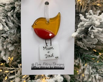 Handmade Fused Glass Robin with Letter - Mum & Dad