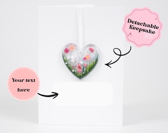 Personalisable Detachable Fused Glass Flower Heart Greeting Card | Handmade Birthday Keepsake Gift | Unique Glass Heart Card