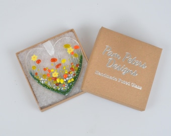 Handmade Fused Glass Daffodil Heart Ornament – Daffodil Suncatcher (Gift Boxed)