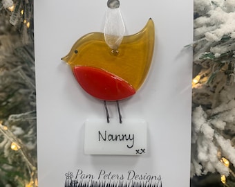 Handmade Fused Glass Robin with Letter - Nanny