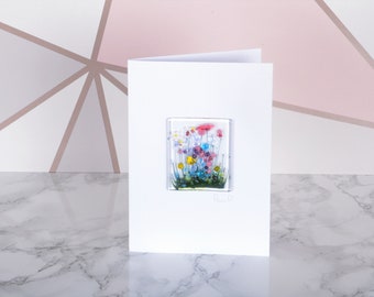 Handmade Fused Glass Art - Cards - Wildflower, Cornflower, Blooming, Violet, Daffodil, Daisy, Gerbera, Poppy, Beach mothers day
