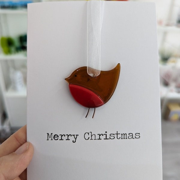 Robin Fused Glass Christmas Card - Blank Inside - with detachable keepsake