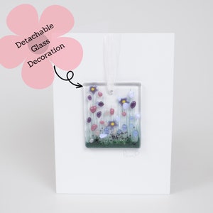 Carte de voeux suspendue en verre avec fleurs violettes - Vierge à l'intérieur - Anniversaire - Merci - Nouvelle maison - Anniversaire - Je pense à vous