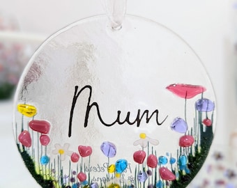 Mum Wildflower Fused Glass Suncatcher Hanging Decoration, ideal for Birthday Gift, Christmas, Mothers Day, keepsake for Friend