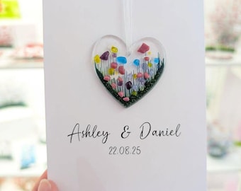 Personalisable Detachable Fused Glass Flower Heart Greeting Card | Handmade Wedding Keepsake Gift | Unique Glass Heart Card
