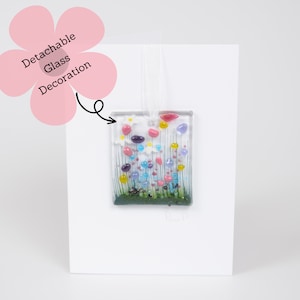Carte de voeux en verre suspendue avec fusion de fleurs sauvages - intérieur vierge - anniversaire - nouvelle maison - félicitations - fête des mères - anniversaire - carte spéciale