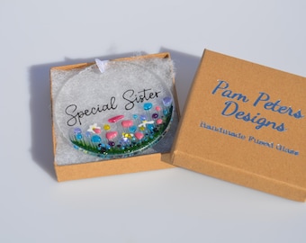 Handmade Fused Glass Hanging Ornament – “Special Sister” Inspirational Quote – Unique Gift for Sister – Handmade Glass Art Keepsake Decor