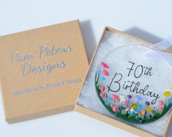 70th Birthday Wildflower Fused Glass Suncatcher Hanging Decoration, ideal for milestone Birthday Gift