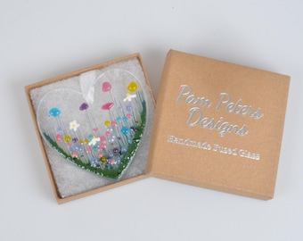 Handmade Fused Glass Wildflower Heart Ornament – Wildflower Design Suncatcher