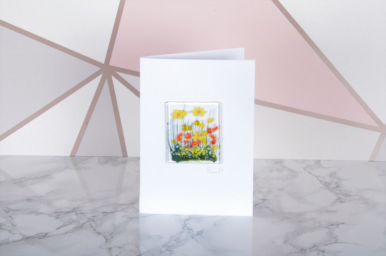 Handmade Fused Glass Art Cards Wildflower, Cornflower, Blooming, Violet, Daffodil, Daisy, Gerbera, Poppy, Beach mothers day Daffodil