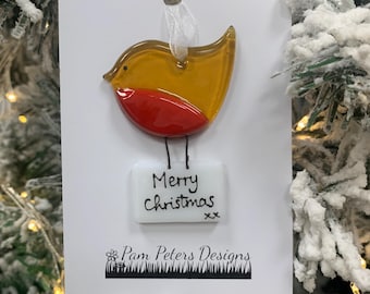 Handmade Fused Glass Robin with Letter - Merry Christmas