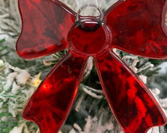 Handmade Fused Glass Christmas Red Bow Christmas Hanging Decor