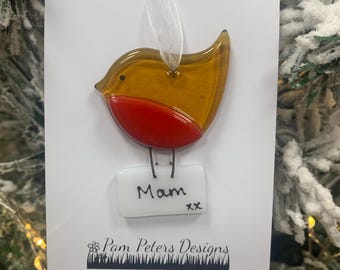 Handmade Fused Glass Robin with Letter - Mam (Welsh for Mum)