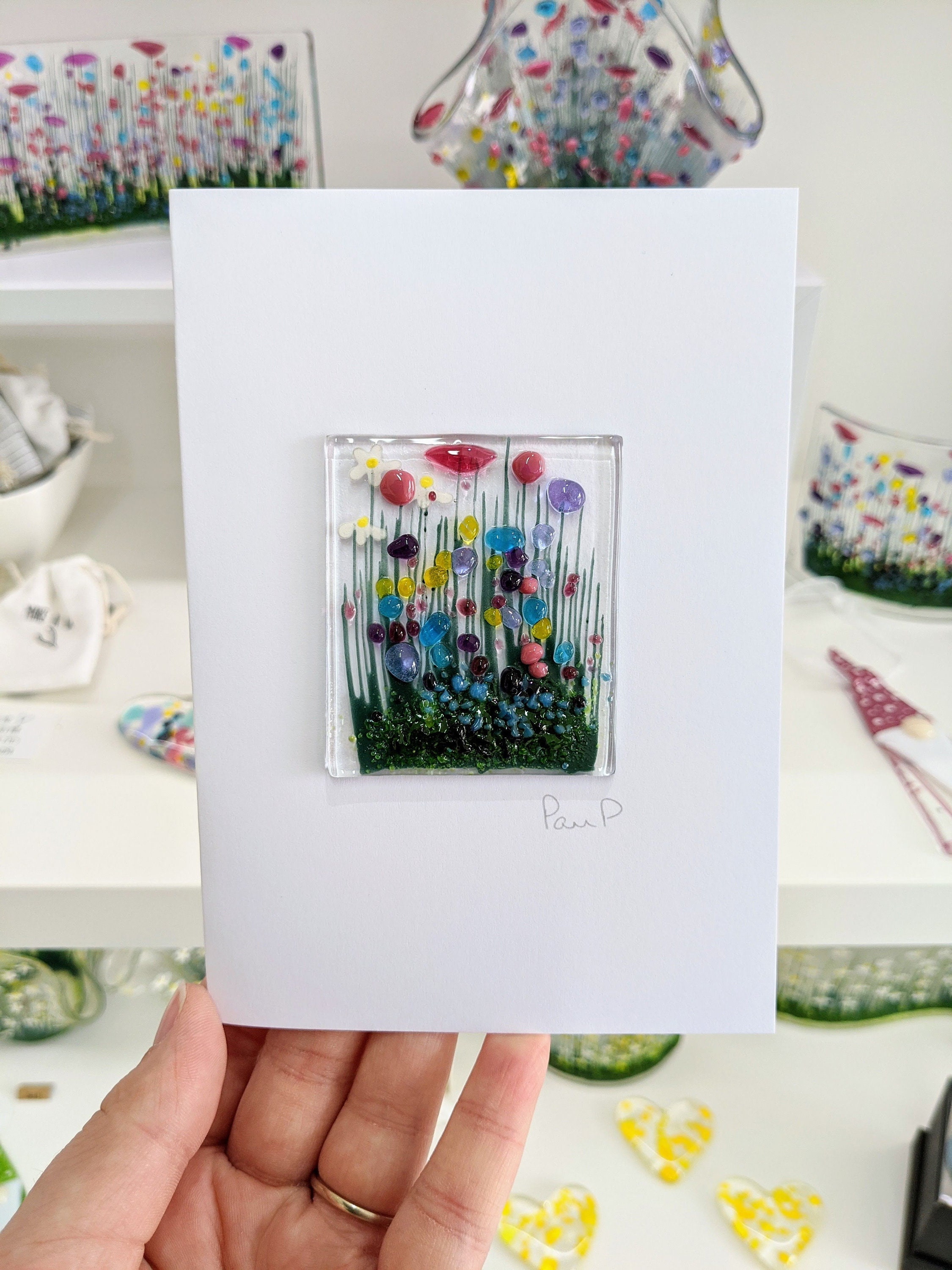 Fused Glass Flower Art Display – Wood Stand