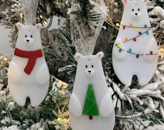 Handmade Fused Glass Polar Bear Christmas Tree Decoration – Red Scarf, Fairy Lights, or Tree | Winter Ornament Gift