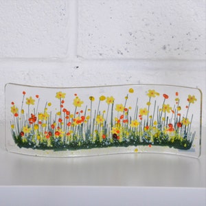 Handcrafted Fused Glass Art - Daffodil Wave, Spring flowers , Proud to be Welsh, Golden Anniversary