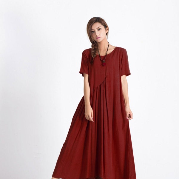 50 % VENTE, robe longue en lin femme manches courtes robes d'été en lin coton ample caftan oversize grande robe femme grande taille vêtements A26