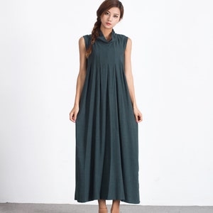 Women's Linen Maxi Dress High Collar Short Sleeves Summer - Etsy