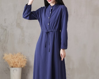 Fall Women Linen Cotton Shirt Dress Long Sleeves Tunic Robes Dresses with Belt Custom Loose Casual Boho Plus Size Clothing Holiday Clothing