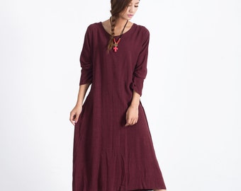 Linen dresses with pockets long sleeve cotton linen midi dress caftan Oversize loose plus size clothing fall spring long linen Dress A19