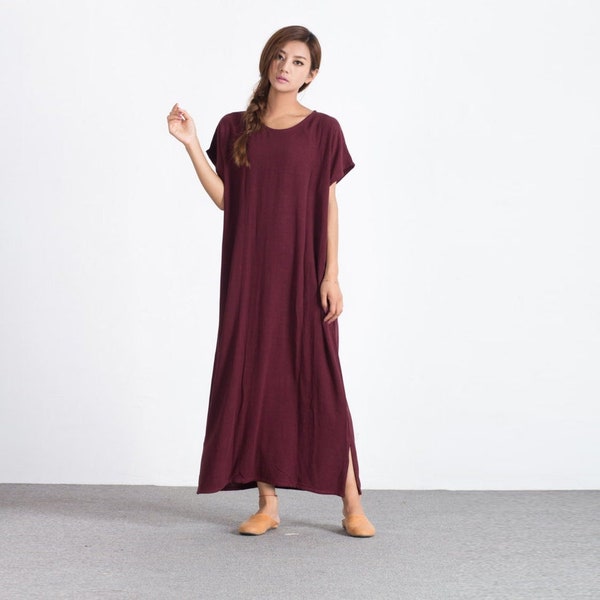 Short sleeve linen dress for women maxi dress Oversize Loose linen cotton dress caftan custom made plus size clothing long linen robe A09