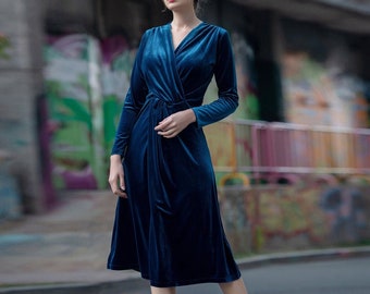 Velvet Dress Wrap V Neck Long Sleeve Slit midi dress Bridesmaid Dress Prom Dress Evening Gown Elegant dress Formal Dress elastic velvet S38