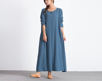 Women's cotton linen maxi dress scoop neck long sleeves Loose Kaftan dress plus size linen caftan clothing Bridesmaid dress  A14